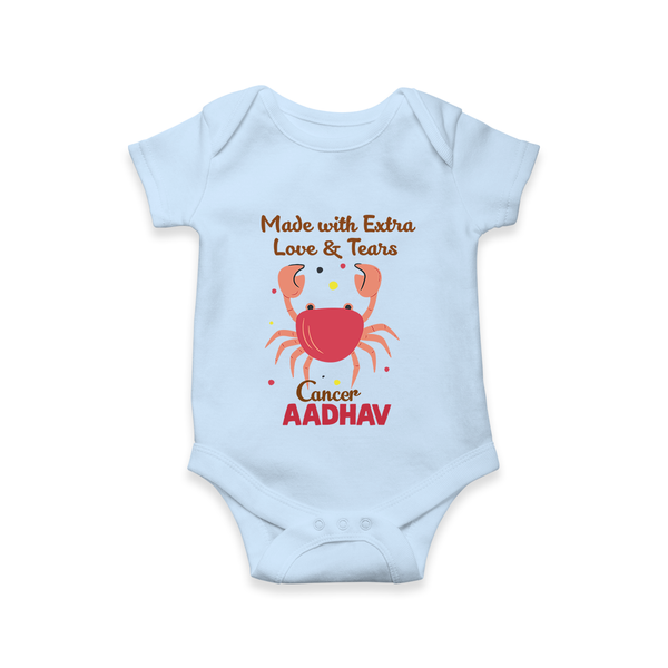 Made With Extra Love And Tears Cancer Romper / Onesie | Custom Cancer Romper / Onesie for Your Little One - BABY BLUE - New Born (Chest 14")