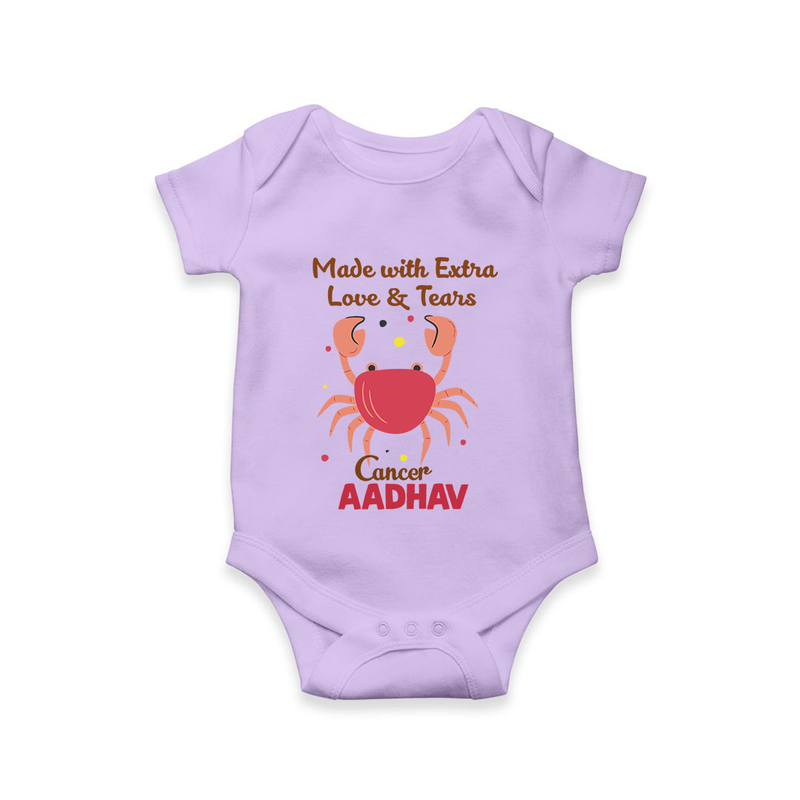 Made With Extra Love And Tears Cancer Romper / Onesie | Custom Cancer Romper / Onesie for Your Little One - LILAC - New Born (Chest 14")