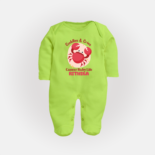 Cuddles And Cries Cancer Baby Life Sleepsuit / Full Sleeve Bodysuit | Personalized Cancer Sleepsuit / Full Sleeve Bodysuit for Your Cuddly Baby - LIME GREEN - New Born (Chest 7.5")