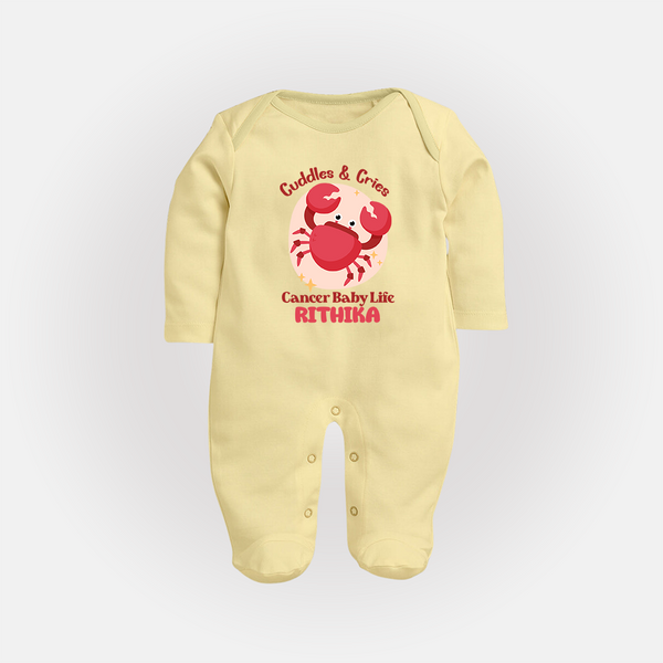 Cuddles And Cries Cancer Baby Life Sleepsuit / Full Sleeve Bodysuit | Personalized Cancer Sleepsuit / Full Sleeve Bodysuit for Your Cuddly Baby - PASTEL YELLOW - New Born (Chest 7.5")