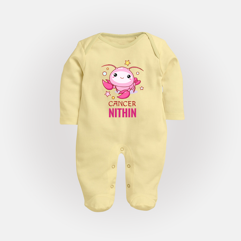 Cancer Baby Sleepsuit / Full Sleeve Bodysuit | Custom Sleepsuit / Full Sleeve Bodysuit for Your Little Cancer Baby - PASTEL YELLOW - New Born (Chest 7.5")