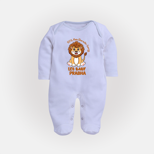 100% Main Character Energy Leo Baby Sleepsuit / Full Sleeve Bodysuit | Personalized Leo Sleepsuit / Full Sleeve Bodysuit for Your Little Star - BABY BLUE - New Born (Chest 7.5")