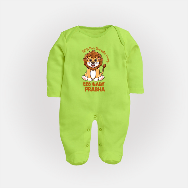 100% Main Character Energy Leo Baby Sleepsuit / Full Sleeve Bodysuit | Personalized Leo Sleepsuit / Full Sleeve Bodysuit for Your Little Star - LIME GREEN - New Born (Chest 7.5")