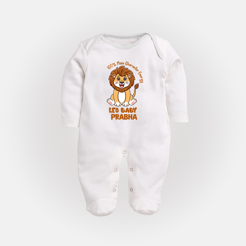100% Main Character Energy Leo Baby Sleepsuit / Full Sleeve Bodysuit | Personalized Leo Sleepsuit / Full Sleeve Bodysuit for Your Little Star - WHITE - New Born (Chest 7.5")