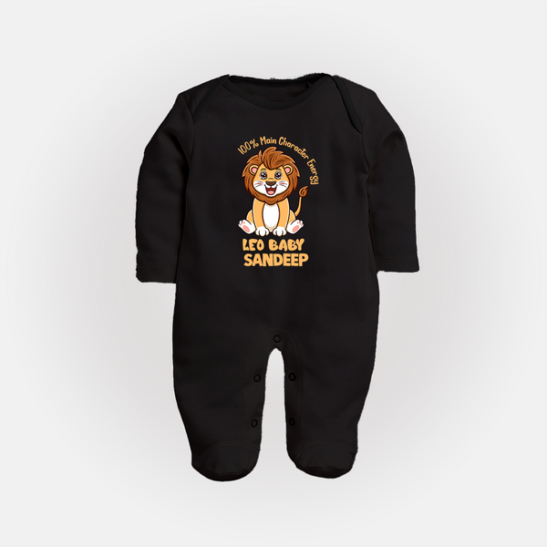 100% Main Character Energy Leo Baby Sleepsuit / Full Sleeve Bodysuit | Personalized Leo Sleepsuit / Full Sleeve Bodysuit for Your Little Star - BLACK - New Born (Chest 7.5")