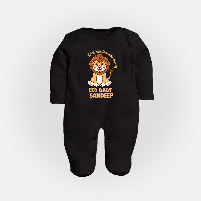 100% Main Character Energy Leo Baby Sleepsuit / Full Sleeve Bodysuit | Personalized Leo Sleepsuit / Full Sleeve Bodysuit for Your Little Star - BLACK - New Born (Chest 7.5")