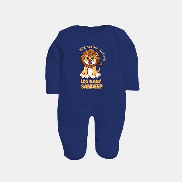 100% Main Character Energy Leo Baby Sleepsuit / Full Sleeve Bodysuit | Personalized Leo Sleepsuit / Full Sleeve Bodysuit for Your Little Star - NAVY BLUE - New Born (Chest 7.5")