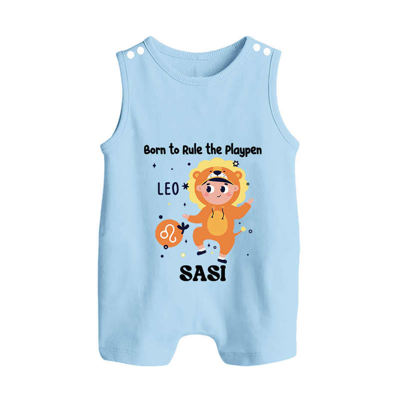 Born To Rule The PlayPen Leo Romper Suit / Sleeveless Romper | Personalized Leo Romper Suit / Sleeveless Romper for Your Little Ruler - BABY BLUE - 0 - 5 Months Old (Chest 18")