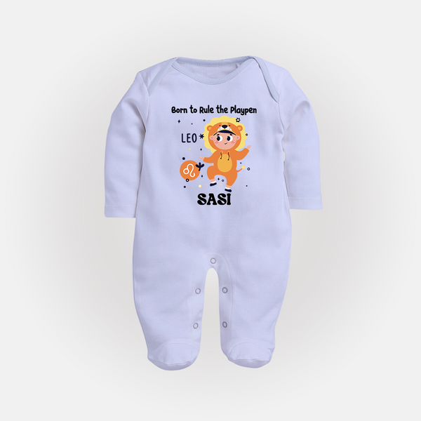 Born To Rule The PlayPen Leo Sleepsuit / Full Sleeve Bodysuit | Personalized Leo Sleepsuit / Full Sleeve Bodysuit for Your Little Ruler - BABY BLUE - New Born (Chest 7.5")