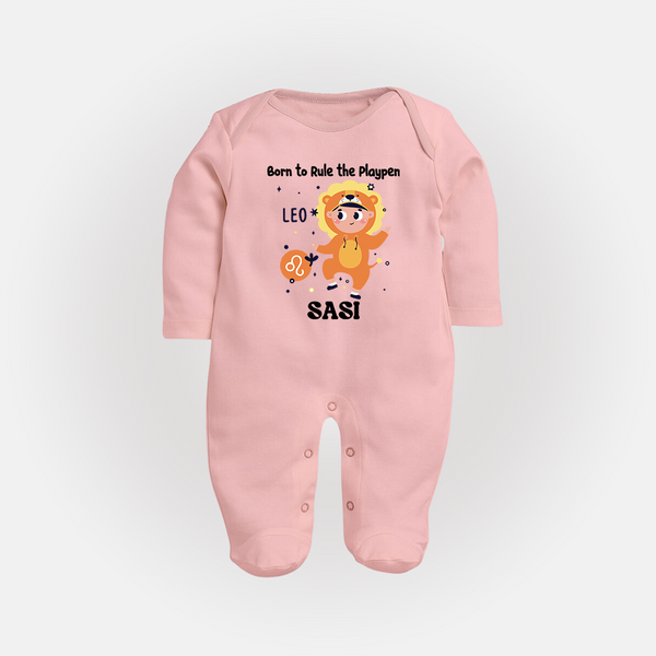 Born To Rule The PlayPen Leo Sleepsuit / Full Sleeve Bodysuit | Personalized Leo Sleepsuit / Full Sleeve Bodysuit for Your Little Ruler - BABY PINK - New Born (Chest 7.5")