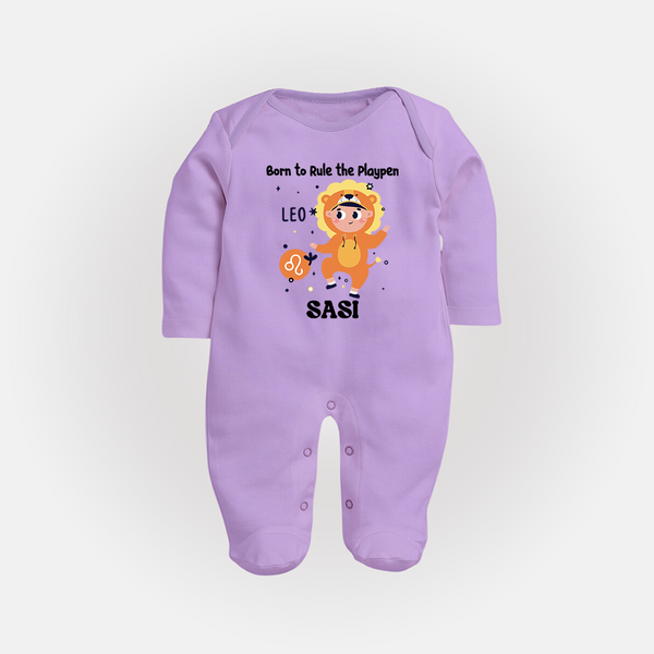 Born To Rule The PlayPen Leo Sleepsuit / Full Sleeve Bodysuit | Personalized Leo Sleepsuit / Full Sleeve Bodysuit for Your Little Ruler - LILAC - New Born (Chest 7.5")