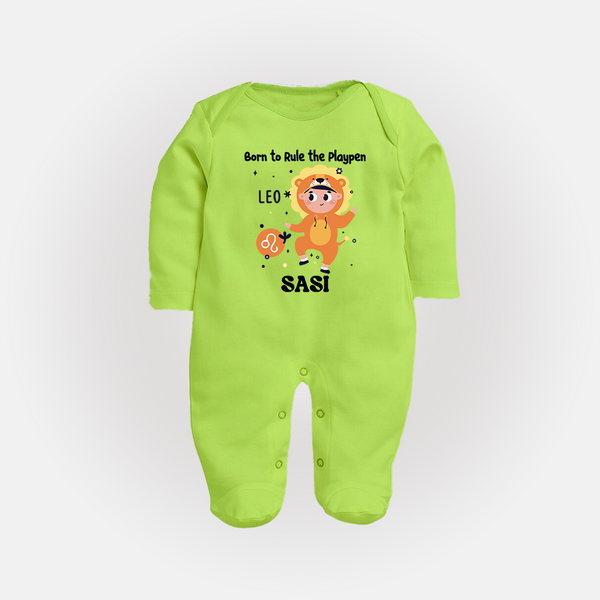 Born To Rule The PlayPen Leo Sleepsuit / Full Sleeve Bodysuit | Personalized Leo Sleepsuit / Full Sleeve Bodysuit for Your Little Ruler - LIME GREEN - New Born (Chest 7.5")