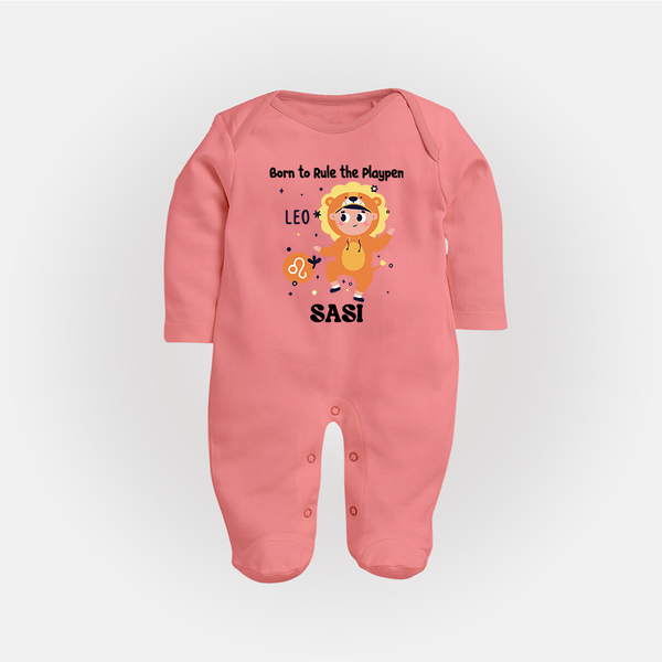 Born To Rule The PlayPen Leo Sleepsuit / Full Sleeve Bodysuit | Personalized Leo Sleepsuit / Full Sleeve Bodysuit for Your Little Ruler - PEACH - New Born (Chest 7.5")