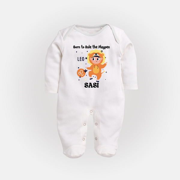 Born To Rule The PlayPen Leo Sleepsuit / Full Sleeve Bodysuit | Personalized Leo Sleepsuit / Full Sleeve Bodysuit for Your Little Ruler - WHITE - New Born (Chest 7.5")