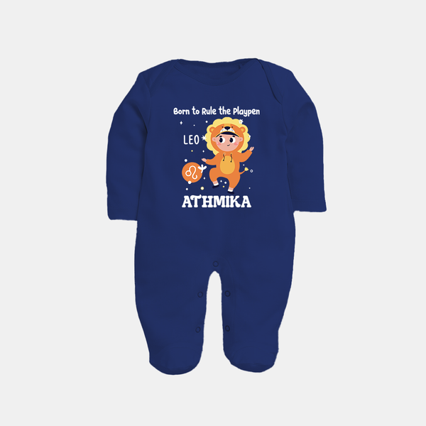 Born To Rule The PlayPen Leo Sleepsuit / Full Sleeve Bodysuit | Personalized Leo Sleepsuit / Full Sleeve Bodysuit for Your Little Ruler - NAVY BLUE - New Born (Chest 7.5")