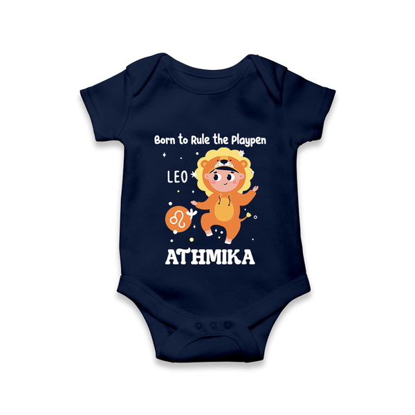 Born To Rule The PlayPen Leo Romper / Onesie | Personalized Leo Romper / Onesie for Your Little Ruler - NAVY BLUE - New Born (Chest 14")