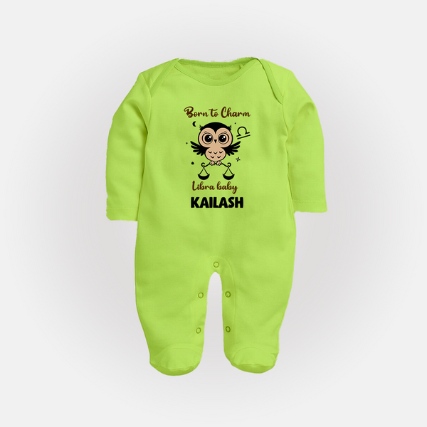 Born To Charm Libra Baby Sleepsuit / Full Sleeve Bodysuit | Custom Libra Sleepsuit / Full Sleeve Bodysuit for Your Charming Baby - LIME GREEN - New Born (Chest 7.5")