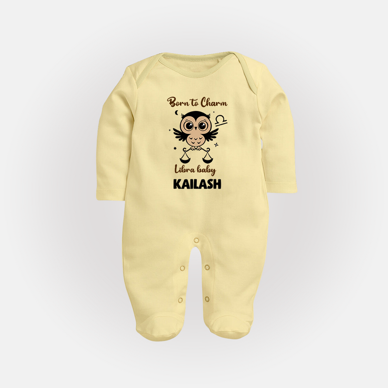 Born To Charm Libra Baby Sleepsuit / Full Sleeve Bodysuit | Custom Libra Sleepsuit / Full Sleeve Bodysuit for Your Charming Baby - PASTEL YELLOW - New Born (Chest 7.5")