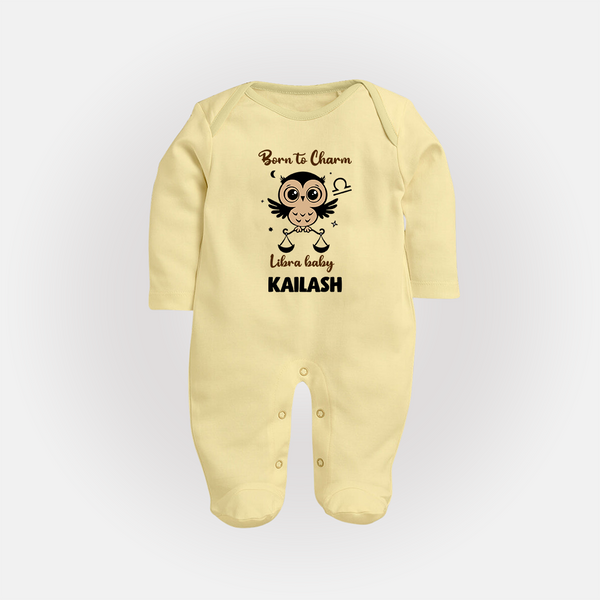 Born To Charm Libra Baby Sleepsuit / Full Sleeve Bodysuit | Custom Libra Sleepsuit / Full Sleeve Bodysuit for Your Charming Baby - PASTEL YELLOW - New Born (Chest 7.5")