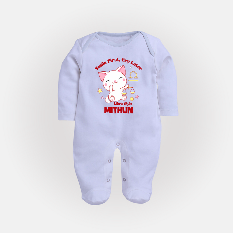 Smile First, Cry Later Libra Style Sleepsuit / Full Sleeve Bodysuit | Personalized Libra Sleepsuit / Full Sleeve Bodysuit for Your Little Smiler - BABY BLUE - New Born (Chest 7.5")