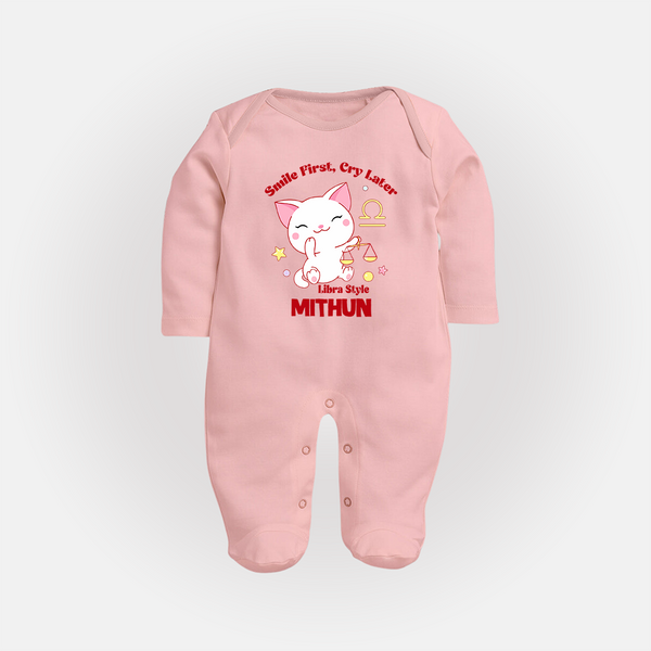 Smile First, Cry Later Libra Style Sleepsuit / Full Sleeve Bodysuit | Personalized Libra Sleepsuit / Full Sleeve Bodysuit for Your Little Smiler - BABY PINK - New Born (Chest 7.5")