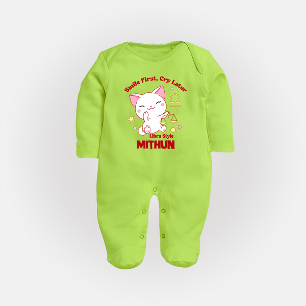 Smile First, Cry Later Libra Style Sleepsuit / Full Sleeve Bodysuit | Personalized Libra Sleepsuit / Full Sleeve Bodysuit for Your Little Smiler - LIME GREEN - New Born (Chest 7.5")