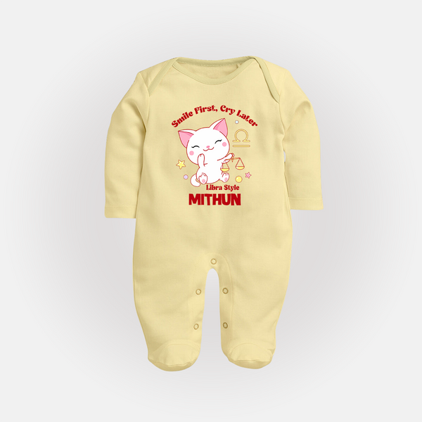 Smile First, Cry Later Libra Style Sleepsuit / Full Sleeve Bodysuit | Personalized Libra Sleepsuit / Full Sleeve Bodysuit for Your Little Smiler - PASTEL YELLOW - New Born (Chest 7.5")