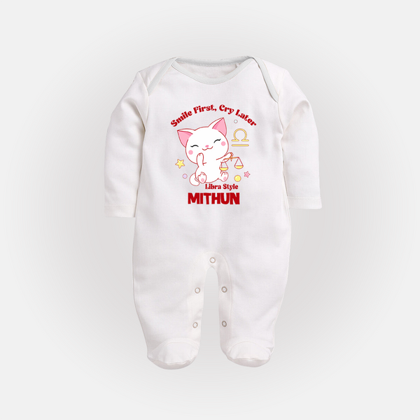 Smile First, Cry Later Libra Style Sleepsuit / Full Sleeve Bodysuit | Personalized Libra Sleepsuit / Full Sleeve Bodysuit for Your Little Smiler - WHITE - New Born (Chest 7.5")