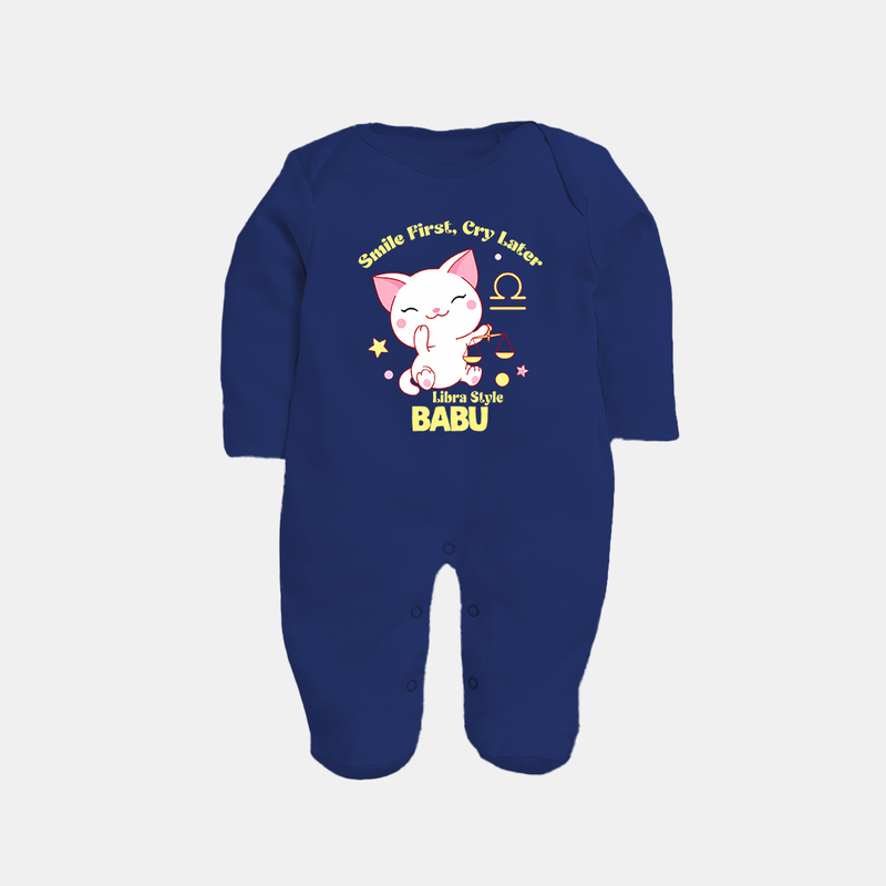 Smile First, Cry Later Libra Style Sleepsuit / Full Sleeve Bodysuit | Personalized Libra Sleepsuit / Full Sleeve Bodysuit for Your Little Smiler - NAVY BLUE - New Born (Chest 7.5")