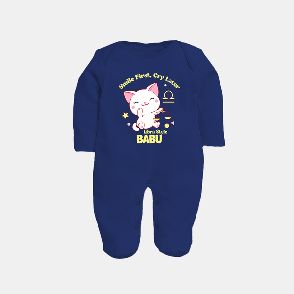 Smile First, Cry Later Libra Style Sleepsuit / Full Sleeve Bodysuit | Personalized Libra Sleepsuit / Full Sleeve Bodysuit for Your Little Smiler - NAVY BLUE - New Born (Chest 7.5")