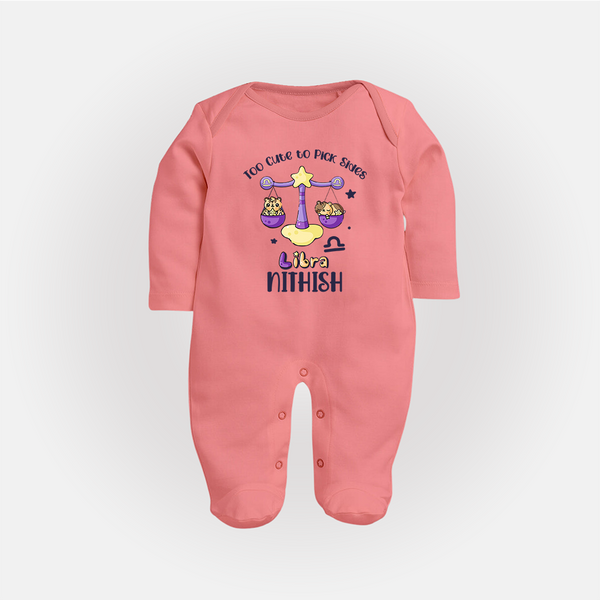 Too Cute To Pick Sides Libra Sleepsuit / Full Sleeve Bodysuit | Custom Libra Sleepsuit / Full Sleeve Bodysuit for Your Adorable Baby - PEACH - New Born (Chest 7.5")