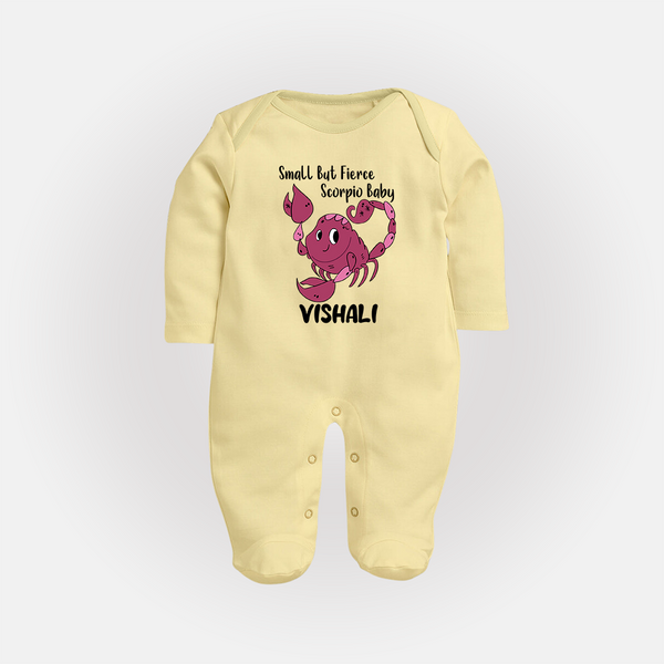 Small But Fierce Scorpio Baby Sleepsuit / Full Sleeve Bodysuit | Personalized Scorpio Sleepsuit / Full Sleeve Bodysuit for Your Fierce Baby - PASTEL YELLOW - New Born (Chest 7.5")