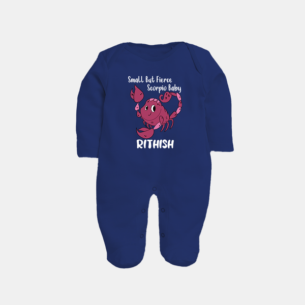 Small But Fierce Scorpio Baby Sleepsuit / Full Sleeve Bodysuit | Personalized Scorpio Sleepsuit / Full Sleeve Bodysuit for Your Fierce Baby - NAVY BLUE - New Born (Chest 7.5")