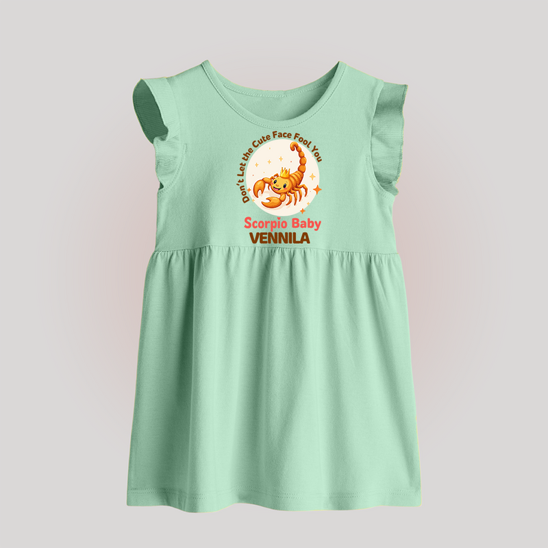 DonÕt Let The Cute Face Fool You Scorpio Baby Frock | Custom Scorpio Baby Frock for Your Little Mischief - MINT GREEN - 0 - 3 Months Old (Chest 17")