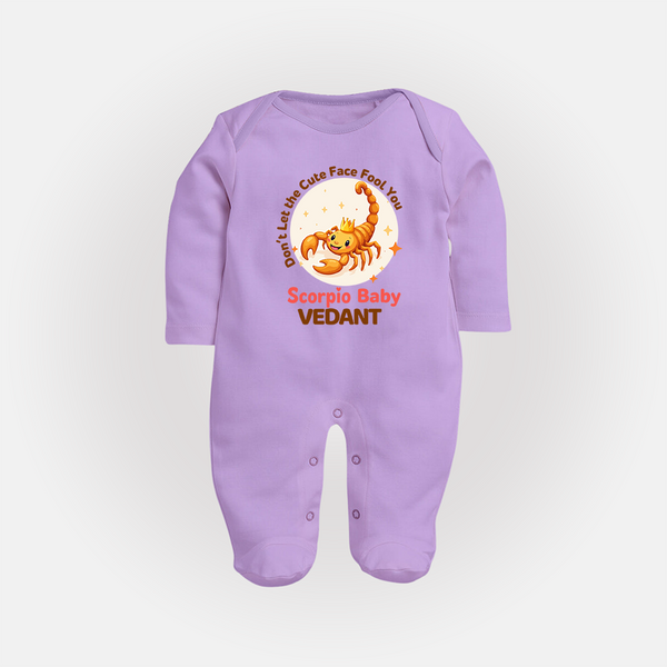 DonÕt Let The Cute Face Fool You Scorpio Baby Sleepsuit / Full Sleeve Bodysuit | Custom Scorpio Sleepsuit / Full Sleeve Bodysuit for Your Little Mischief - LILAC - New Born (Chest 7.5")