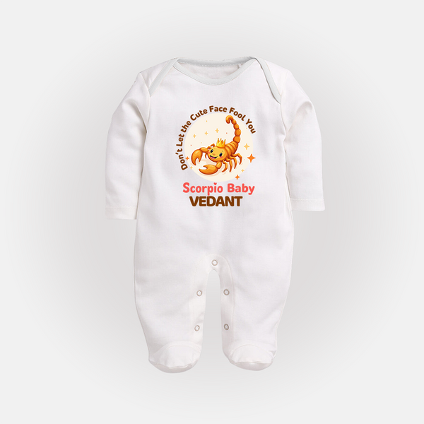 DonÕt Let The Cute Face Fool You Scorpio Baby Sleepsuit / Full Sleeve Bodysuit | Custom Scorpio Sleepsuit / Full Sleeve Bodysuit for Your Little Mischief - WHITE - New Born (Chest 7.5")