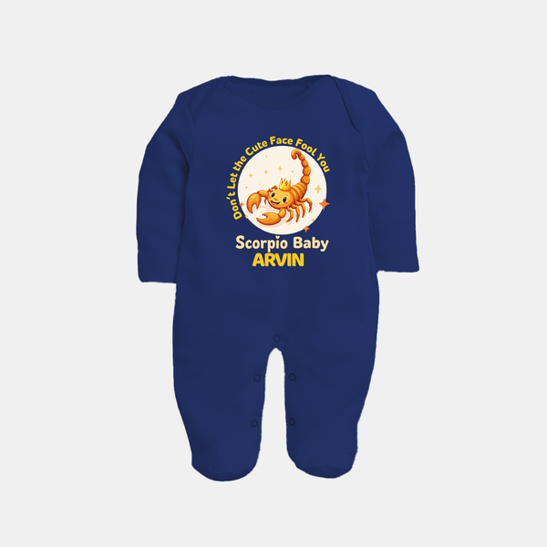 DonÕt Let The Cute Face Fool You Scorpio Baby Sleepsuit / Full Sleeve Bodysuit | Custom Scorpio Sleepsuit / Full Sleeve Bodysuit for Your Little Mischief - NAVY BLUE - New Born (Chest 7.5")