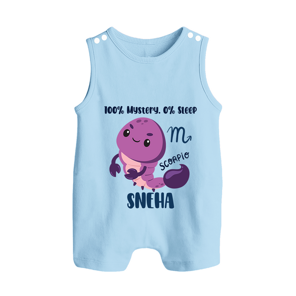 100% Mystery. 0% Sleep Scorpio Romper Suit / Sleeveless Romper | Custom Scorpio Romper Suit / Sleeveless Romper for Your Mysterious Baby - BABY BLUE - 0 - 5 Months Old (Chest 18")
