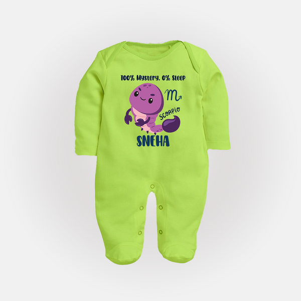 100% Mystery. 0% Sleep Scorpio Sleepsuit / Full Sleeve Bodysuit | Custom Scorpio Sleepsuit / Full Sleeve Bodysuit for Your Mysterious Baby - LIME GREEN - New Born (Chest 7.5")