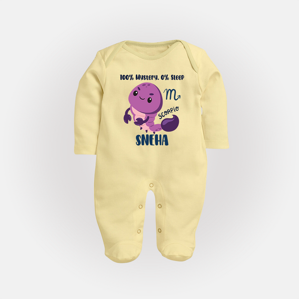 100% Mystery. 0% Sleep Scorpio Sleepsuit / Full Sleeve Bodysuit | Custom Scorpio Sleepsuit / Full Sleeve Bodysuit for Your Mysterious Baby - PASTEL YELLOW - New Born (Chest 7.5")