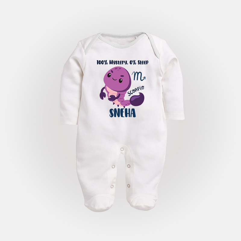 100% Mystery. 0% Sleep Scorpio Sleepsuit / Full Sleeve Bodysuit | Custom Scorpio Sleepsuit / Full Sleeve Bodysuit for Your Mysterious Baby - WHITE - New Born (Chest 7.5")
