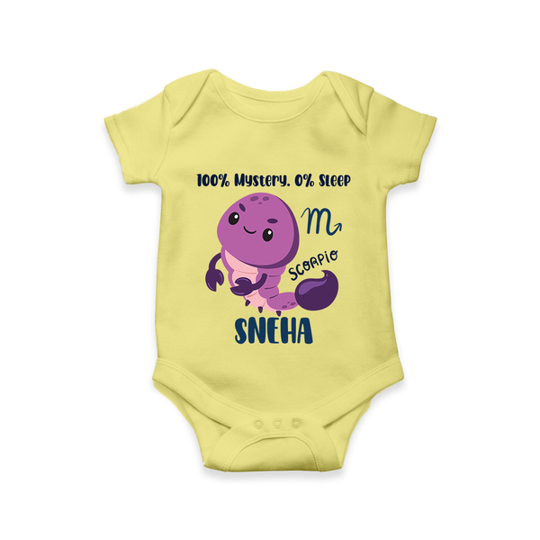 100% Mystery. 0% Sleep Scorpio Romper / Onesie | Custom Scorpio Romper / Onesie for Your Mysterious Baby - PASTEL YELLOW - New Born (Chest 14")