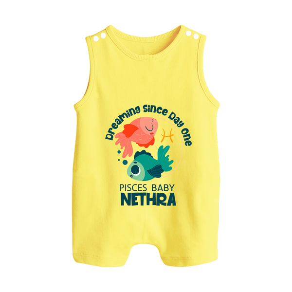Dreaming Since Day One Pisces Baby Romper Suit / Sleeveless Romper | Personalized Pisces Romper Suit / Sleeveless Romper for Your Dreamy Baby - PASTEL YELLOW - 0 - 5 Months Old (Chest 18")