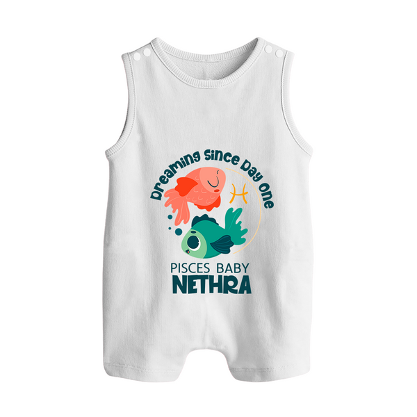 Dreaming Since Day One Pisces Baby Romper Suit / Sleeveless Romper | Personalized Pisces Romper Suit / Sleeveless Romper for Your Dreamy Baby - WHITE - 0 - 5 Months Old (Chest 18")