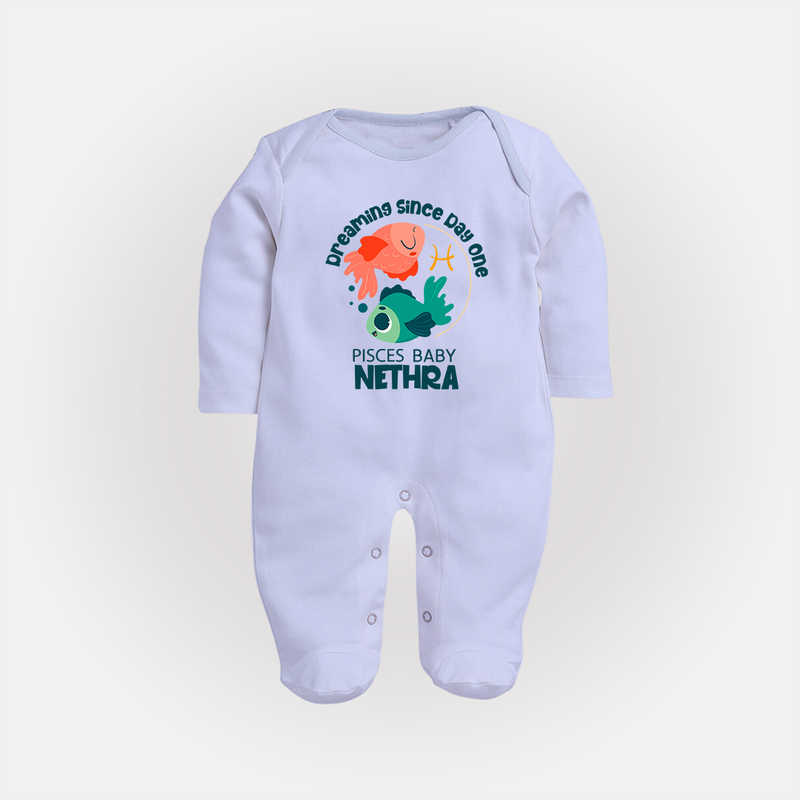 Dreaming Since Day One Pisces Baby Sleepsuit / Full Sleeve Bodysuit | Personalized Pisces Sleepsuit / Full Sleeve Bodysuit for Your Dreamy Baby - BABY BLUE - New Born (Chest 7.5")