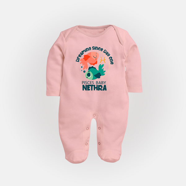 Dreaming Since Day One Pisces Baby Sleepsuit / Full Sleeve Bodysuit | Personalized Pisces Sleepsuit / Full Sleeve Bodysuit for Your Dreamy Baby - BABY PINK - New Born (Chest 7.5")