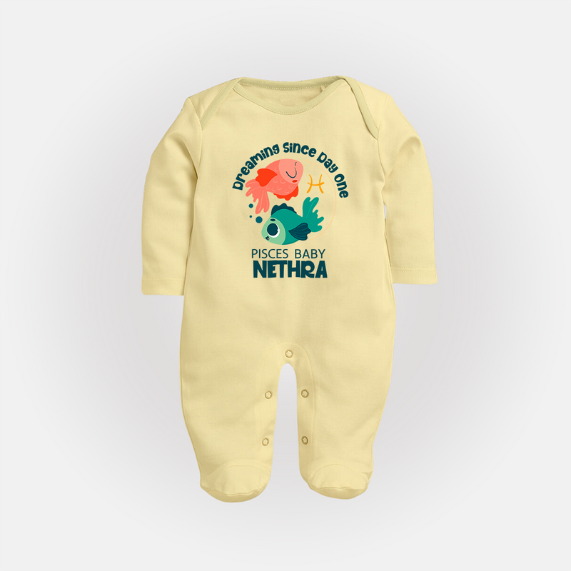 Dreaming Since Day One Pisces Baby Sleepsuit / Full Sleeve Bodysuit | Personalized Pisces Sleepsuit / Full Sleeve Bodysuit for Your Dreamy Baby - PASTEL YELLOW - New Born (Chest 7.5")