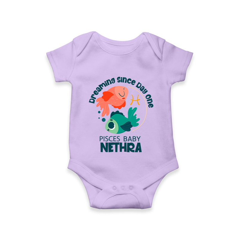 Dreaming Since Day One Pisces Baby Romper / Onesie | Personalized Pisces Romper / Onesie for Your Dreamy Baby - LILAC - New Born (Chest 14")