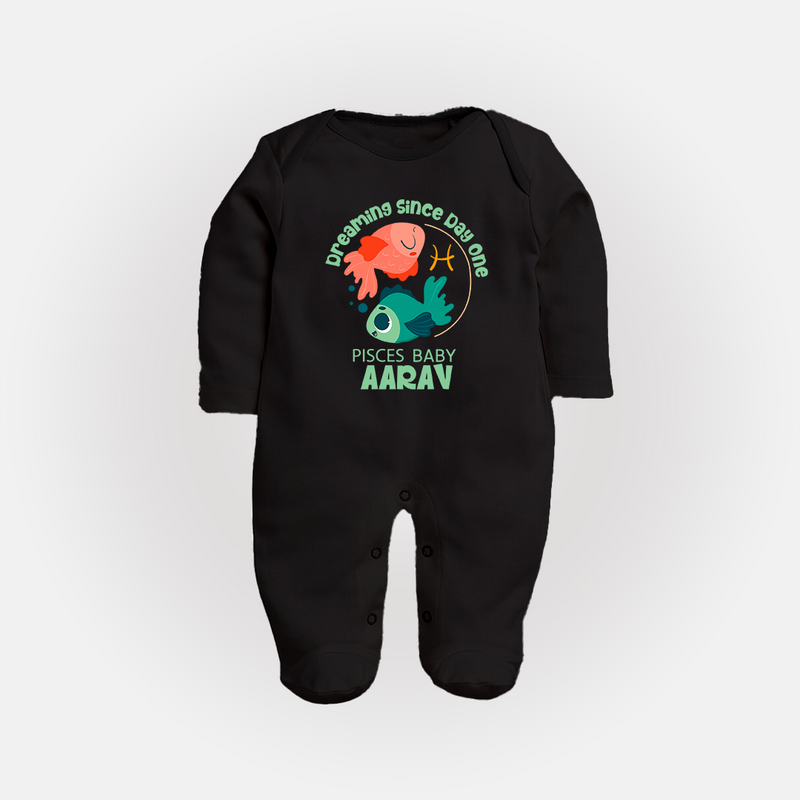 Dreaming Since Day One Pisces Baby Sleepsuit / Full Sleeve Bodysuit | Personalized Pisces Sleepsuit / Full Sleeve Bodysuit for Your Dreamy Baby - BLACK - New Born (Chest 7.5")
