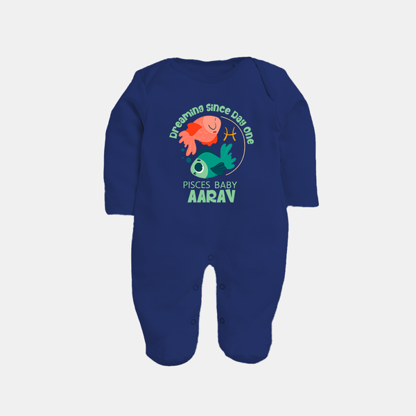 Dreaming Since Day One Pisces Baby Sleepsuit / Full Sleeve Bodysuit | Personalized Pisces Sleepsuit / Full Sleeve Bodysuit for Your Dreamy Baby - NAVY BLUE - New Born (Chest 7.5")
